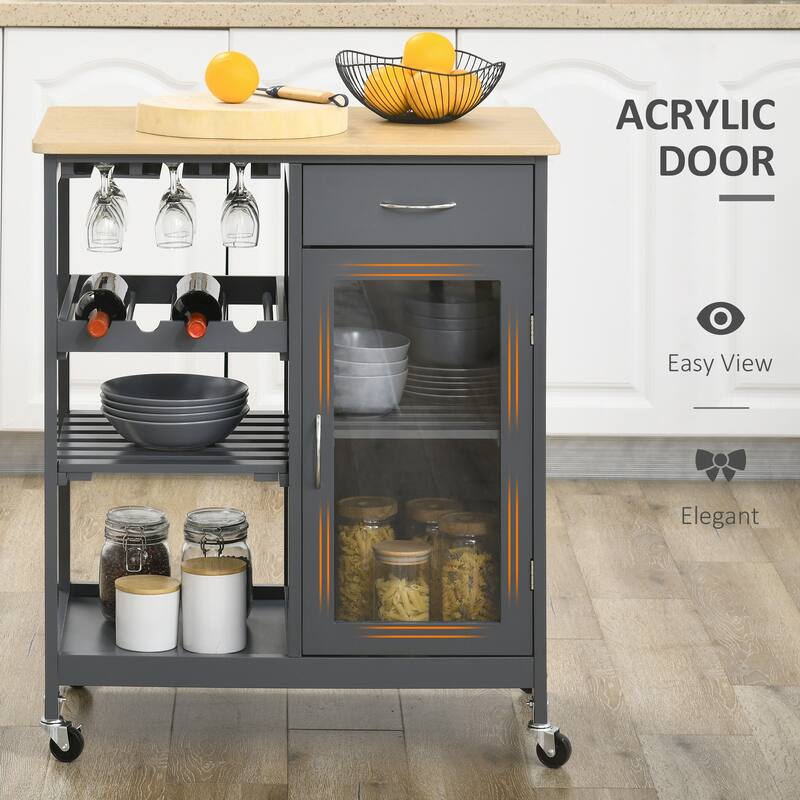 Rolling Kitchen Island with Wine Rack,Stemware Holder and Shelves