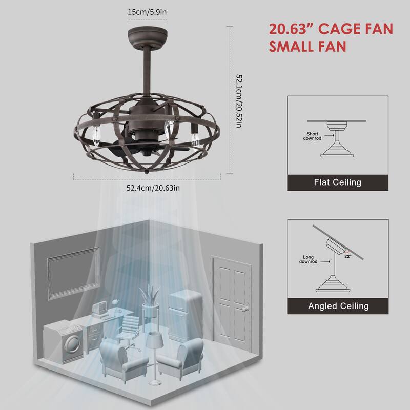 Cusp Barn Modern Enclosed Caged Ceiling Fan with Remote Control, Farmhouse Bladeless Rust Industrial Light Fixture for Bedroom