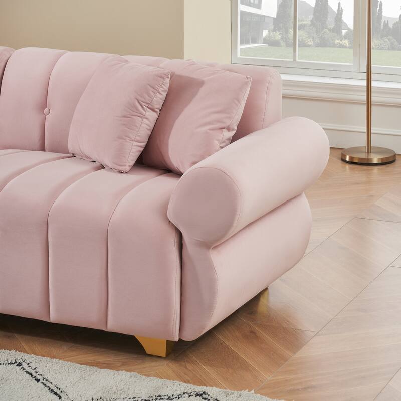 Velvet Sofas Lounge Couch with Round Armrests and Channel Tufting Back, Deep Seat Sofa with Metal Leg and 4 Throw Pillows