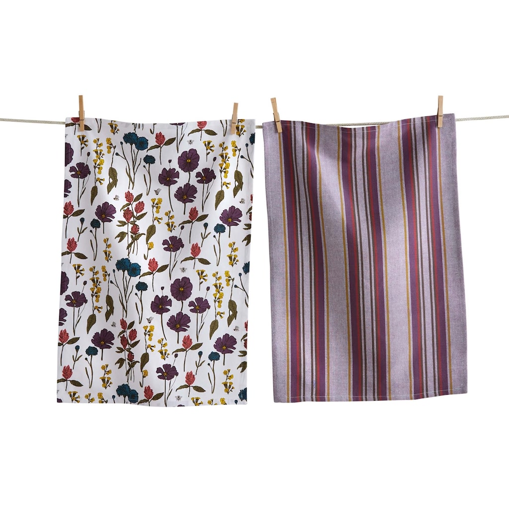 Bee Flowers Dishtowel Set - Colorful Cotton Kitchen Towels for Spring & Summer, Machine Washable, 26" x 18"