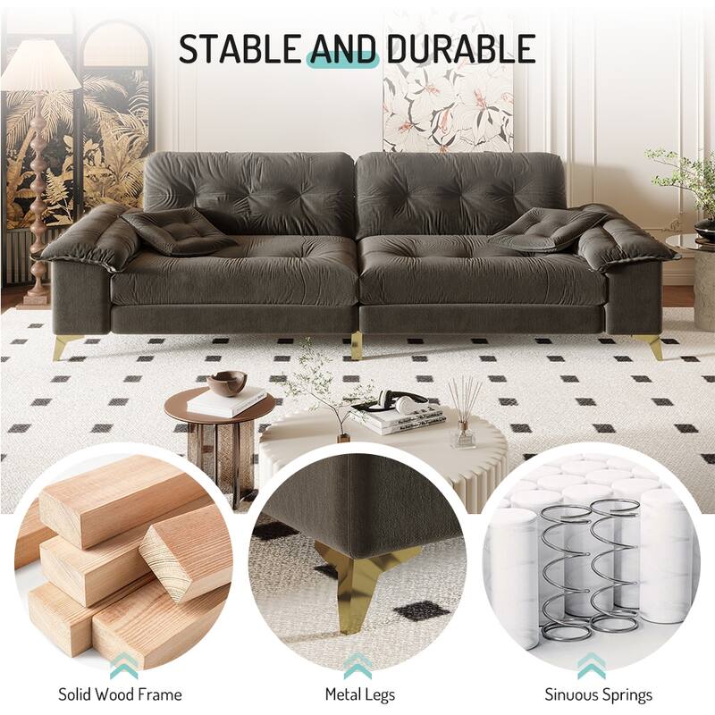 Oversized 4-Seat Cloud Couch with Wide Removable Armrests, Chenille Upholstered Lounge Sofa, Tufted Sofa with 2 Pillows