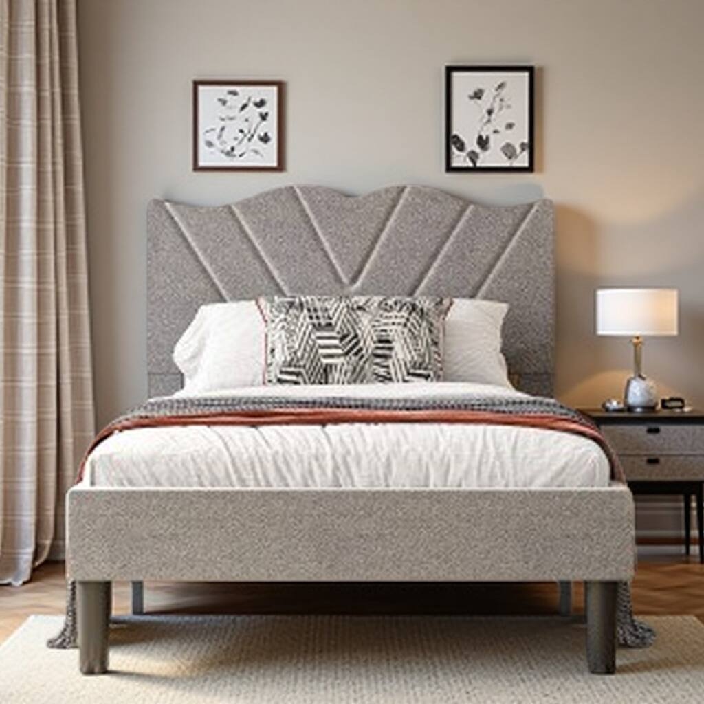 Queen Size Upholstered Bed Frame with Wooden Slats, Padded Headboard, Heavy-Duty Support, No Box Spring Required