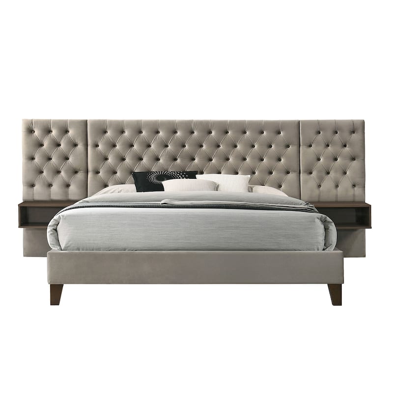 Upholstered Wall Panel Bed with 2 Floating Nightstands in Light Brown - King
