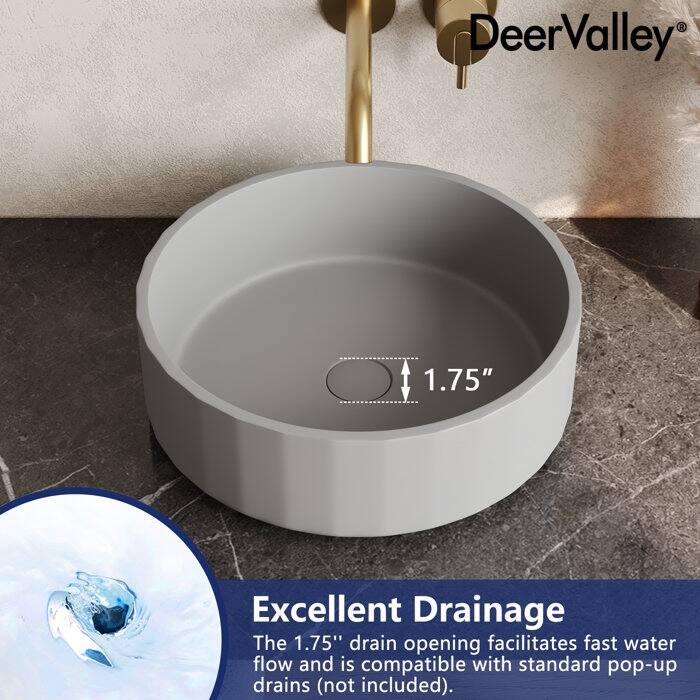 DeerValley 17" Bathroom Vessel Sink, Concrete Light Gray Vessel Sink, Round Above Counter Bathroom Sink