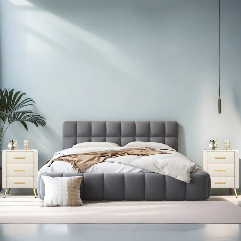 3-Pieces Bedroom Sets, Queen Size Upholstered Platform Bed with Thick Fabric ,and Two Nightstands with Metal Legs&Handles