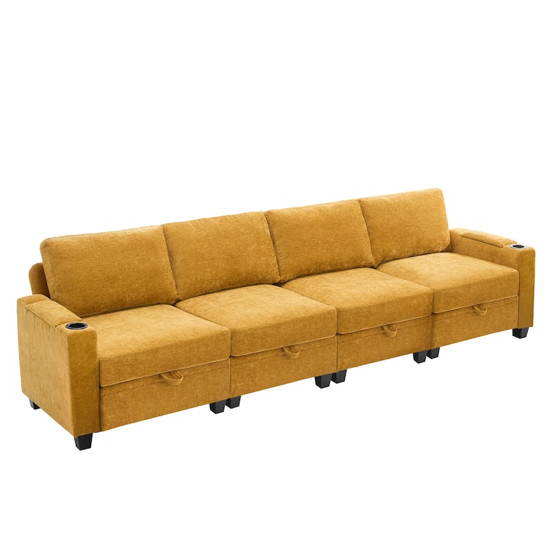 Chenille Sectional Sofa, Hidden Storage & Modular Design - 4-Seater Sofa - Turmeric