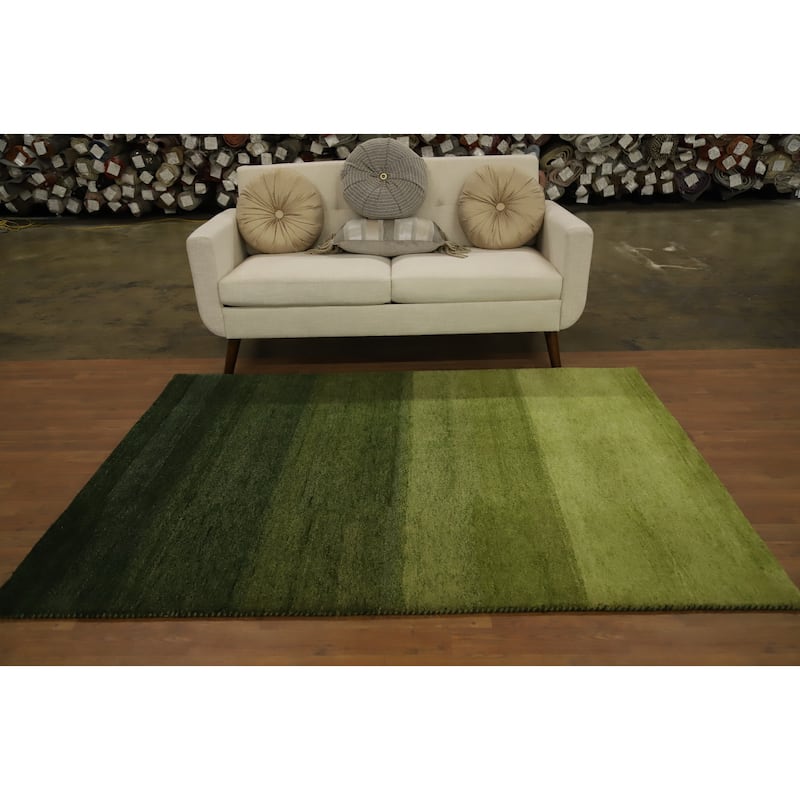 Hand Knotted Oriental 100% Wool Carpet Modern Stripe Green Gabbeh Area Rug - 6' 7'' X 5' 0''