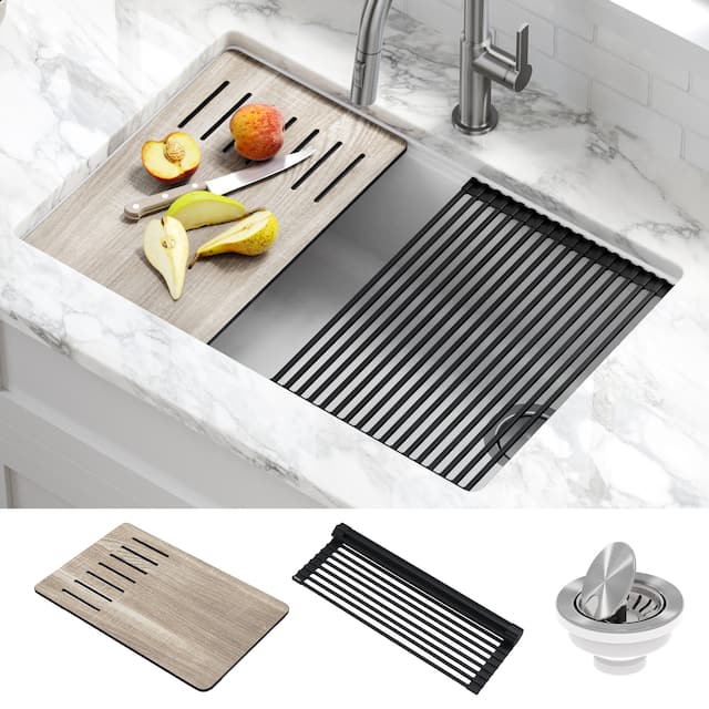 KRAUS Bellucci Workstation Undermount Granite Composite Kitchen Sink - White - 29" L x 19" W (sink KGUW1-30WH)