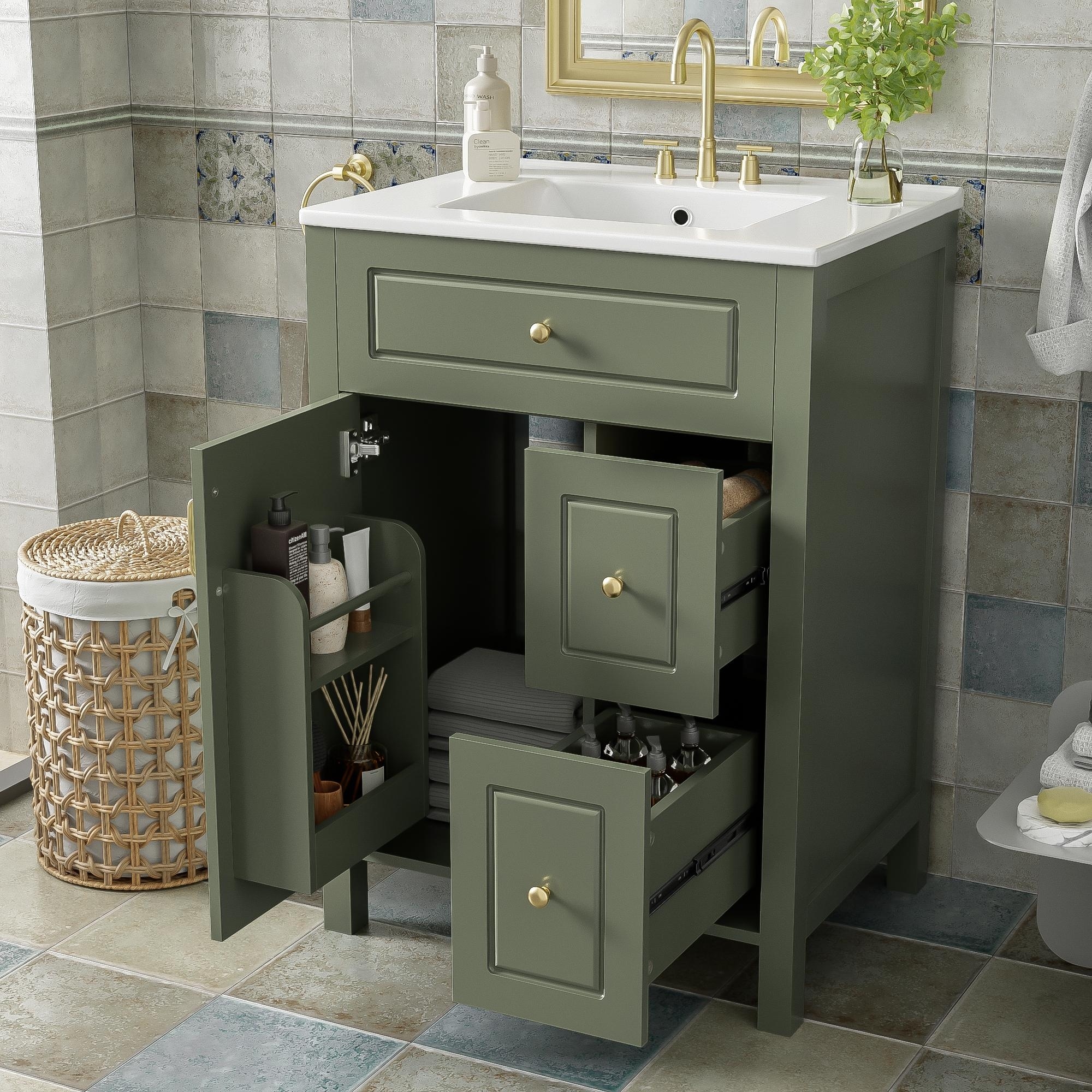 24" Small Bathroom Vanity with Ceramic Sink, 2 Drawers & Double Door Racks, Compact Storage Cabinet for Bathroom