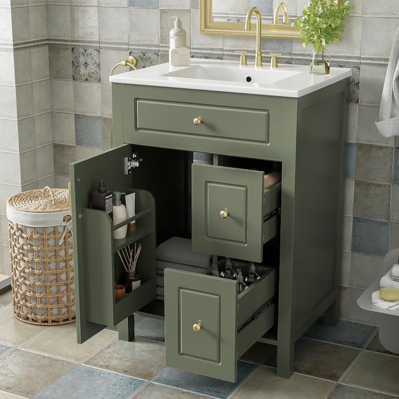 24-Inch Bathroom Vanity with Ceramic Sink, 1 Soft Close Door, 2 Soft Close Drawers, and Double Storage Racks on the Door - Green