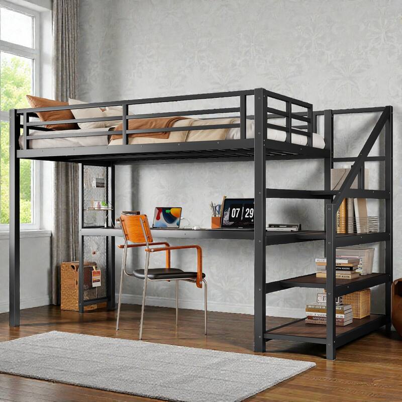 Twin XL Metal Loft Bed with Desk and Storage Stairs, LED Lights, USB Ports, Noise-Free Design