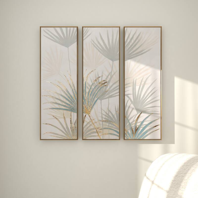 Brown Canvas Palm Leaf Framed Wall Art with Gold Frame (Set of 3)