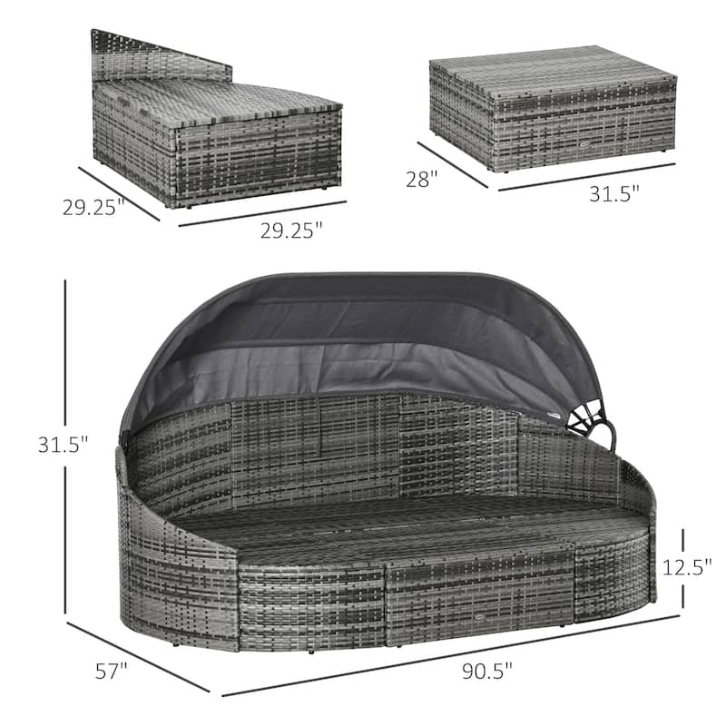 Outsunny 4 Pieces Patio PE Wicker Lounge Set, Outdoor Rattan Garden Conversation Furniture Set, Round Sofa Bed