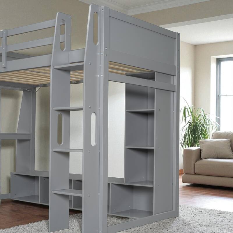 Twin/Full Size Gray Gaming Loft Bed with Desk, Storage Cabinets, LED Lighting & Hanging Clothes Rack