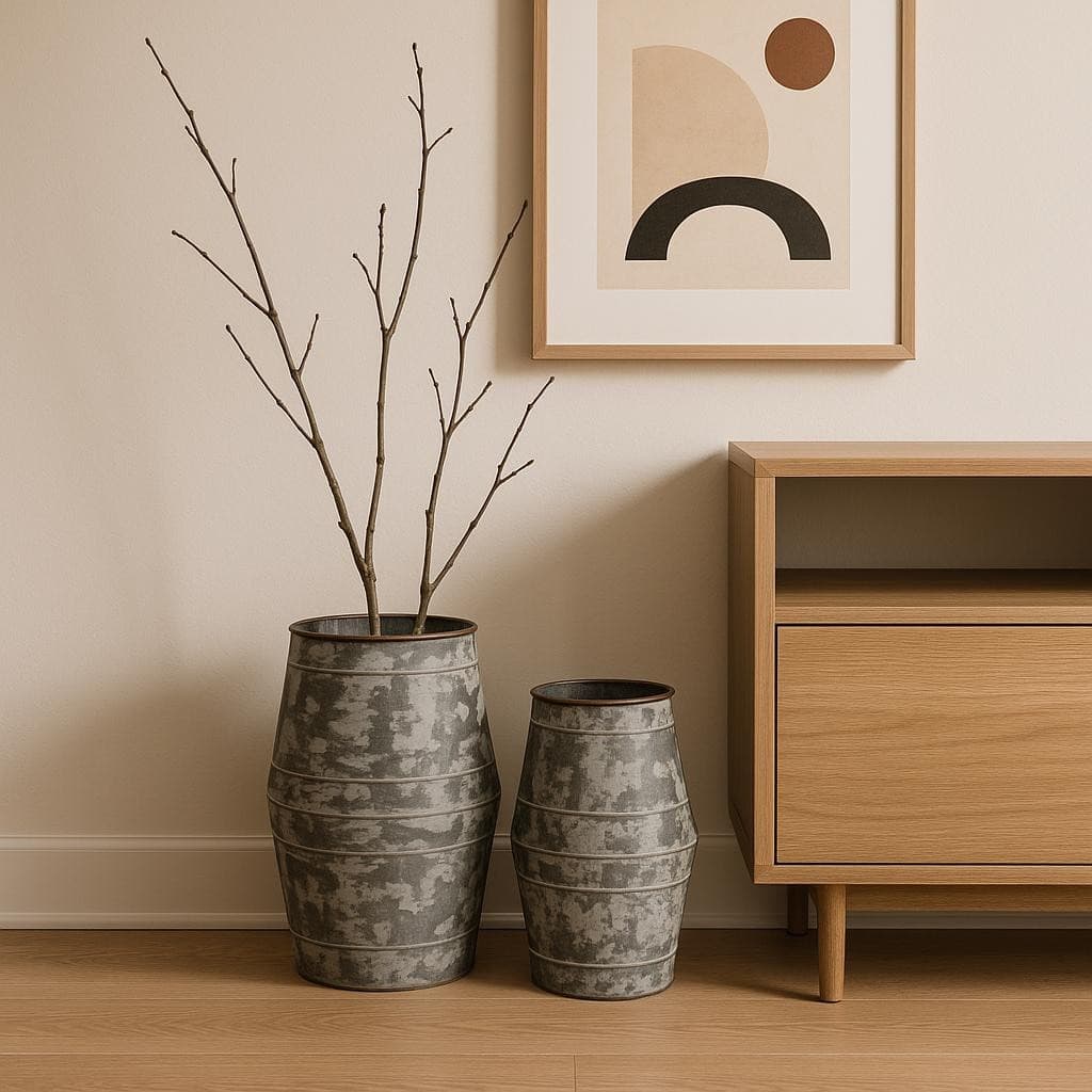 Set of Two Gray Galvanized Metal Cylinder Floor Vases - 17.25