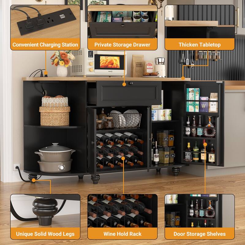 55'' Farmhouse Buffet Cabinet with Charging Station, Coffee Sideboard for Kicthen and Bar