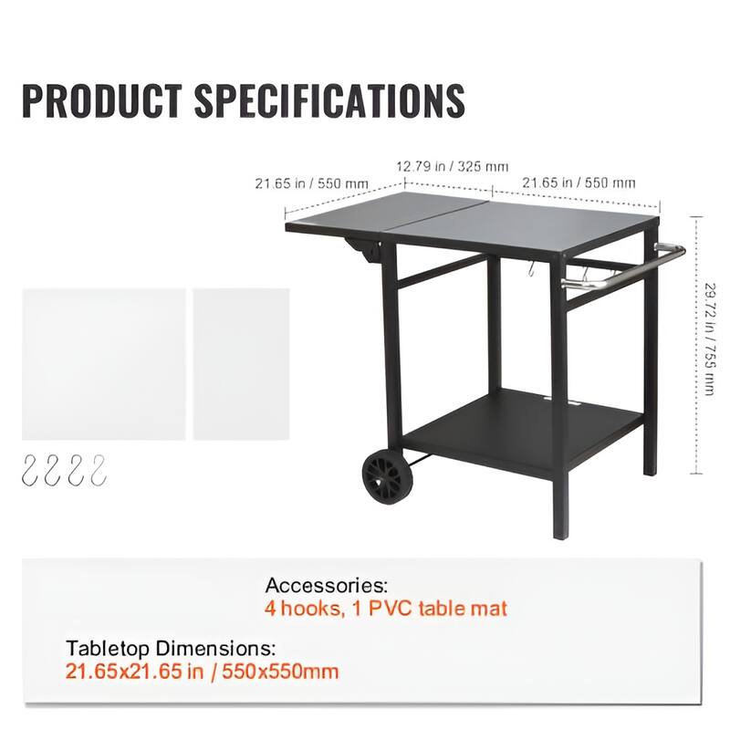 Black Metal BBQ Movable Prep Table with Foldable Side and Double Shelves, Wheels - 38.26” L x 25.19” W x 29.72” H