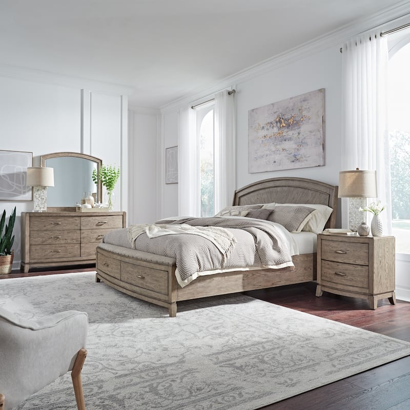 Avalon Burnished Beige Oak Queen Panel Storage Bed Bedroom Set - 4 Piece