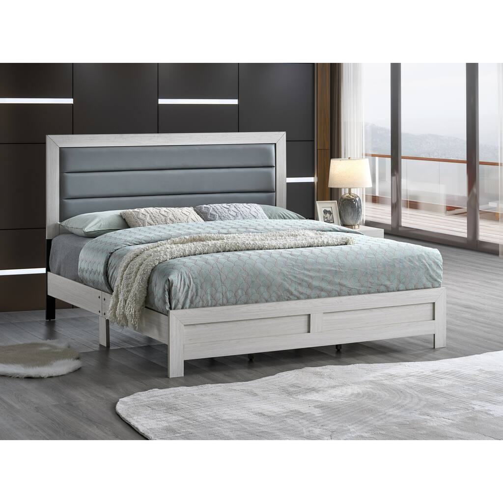 Roomfitters Full Upholstered Platform Bed Frame with Modern Horizontal Channel Padded Headboard, No Box Spring Needed, Beige