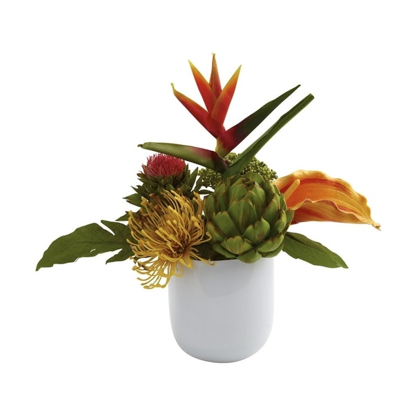 Nearly Natural Tropical Floral Arrangement with Glass Vase - White