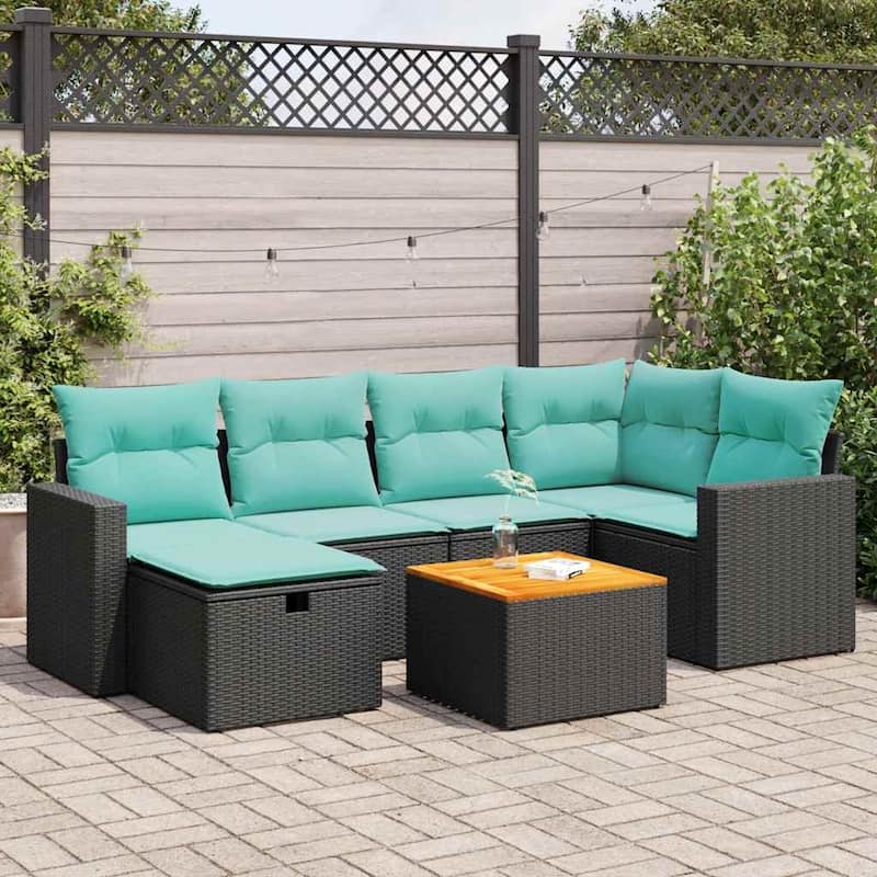 vidaXL Patio Sofa Set with Cushions Outdoor Furniture 7 Piece Poly Rattan - Black with storage - 21.7" x 24.4" x 27.2"