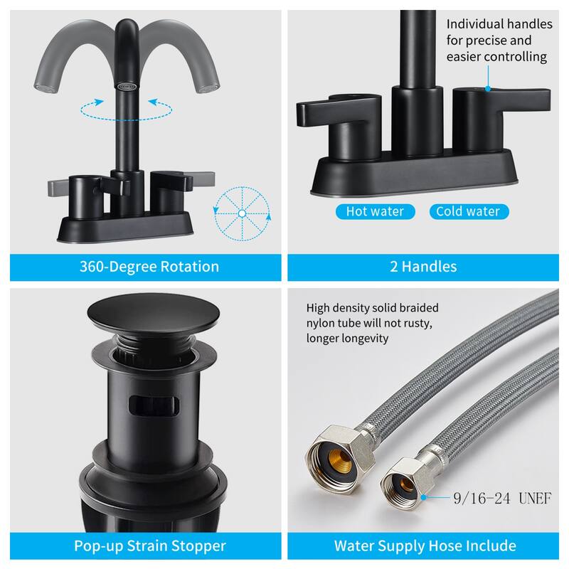 Modern 2 Handle 360° Swivel Bathroom Sink Faucet with Pop Up Drain Assembly, Anti Fingerprint, Anti Rust