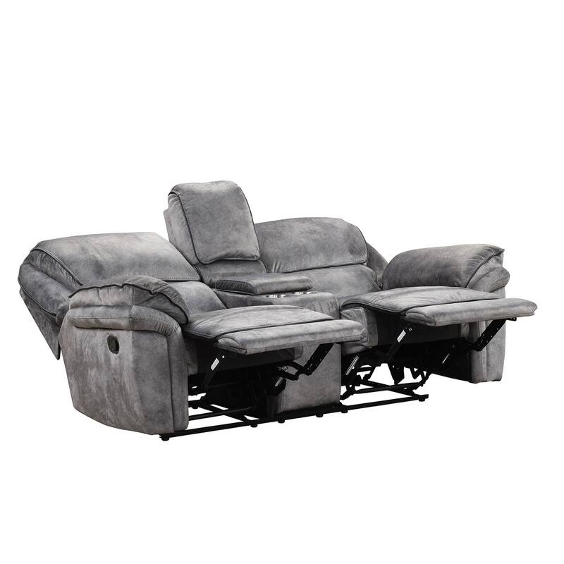 Arisa Sofa and Loveseat Manual Recliner Set, Gray Faux Leather, Drop Table