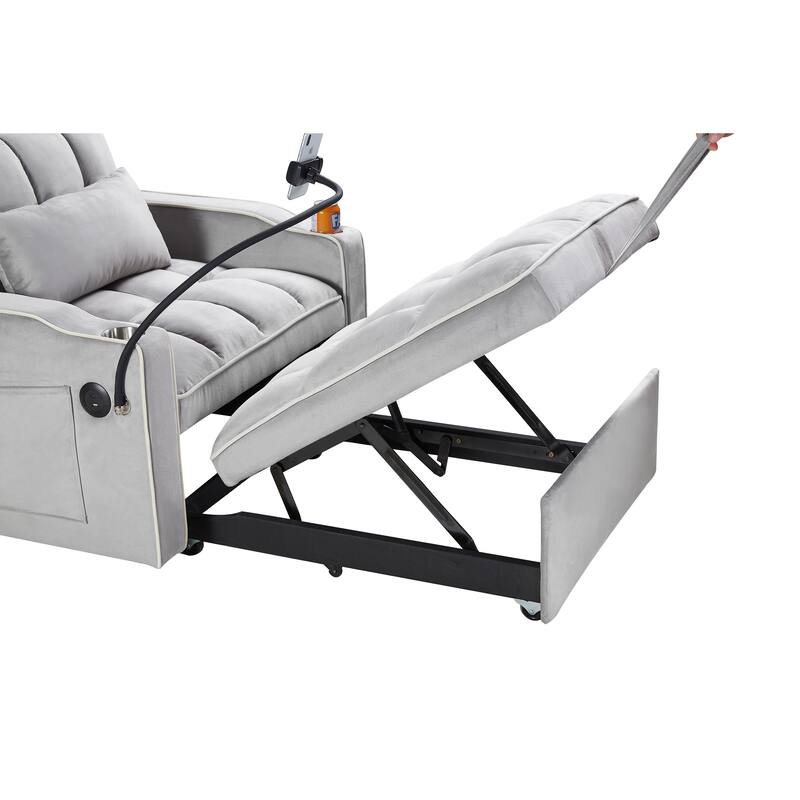 Grey Modern 35.83" 3 in 1 Velvet Single Convertible Sofa Bed with Adjustable Back and USB Charging Port for Living Room