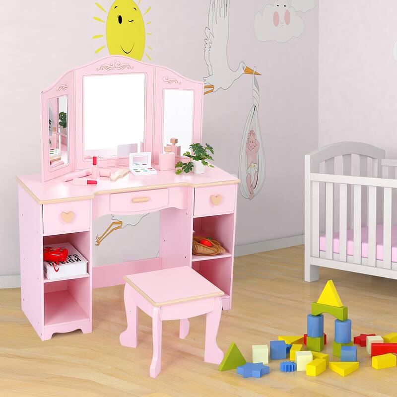 White/ Pink Girls' Vanity Table and Stool Set
