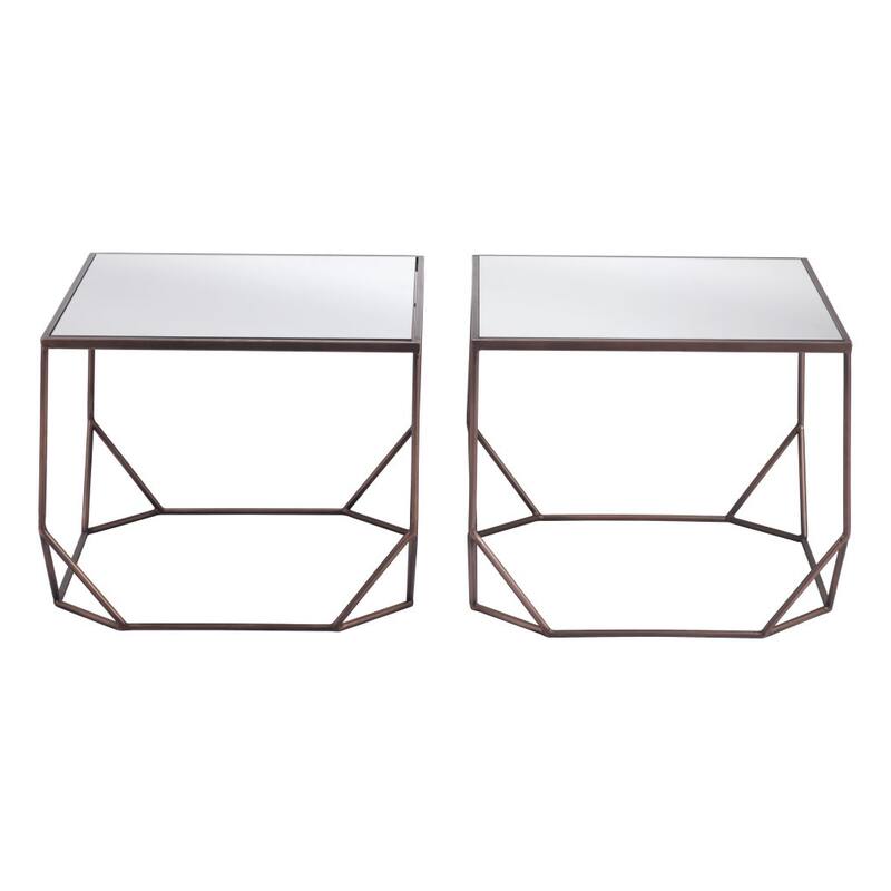 HomeRoots Set of Two Silver and Bronze Mirrored Glass and Steel Square Abstract Bunching Coffee Tables