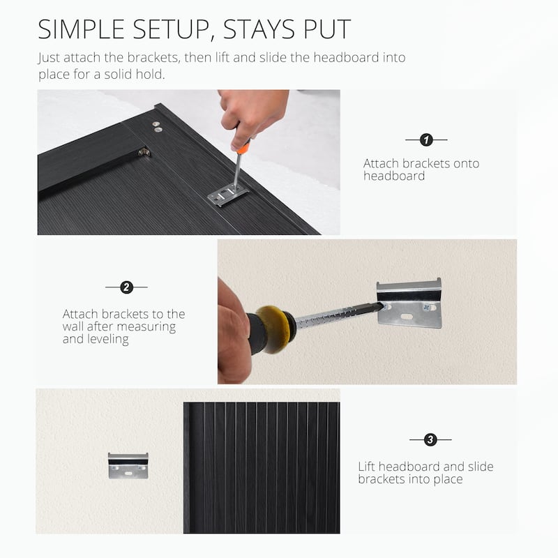 Queen Size Wood Headboard, Modern Farmhouse Design, Wall Mounted Fluted Panel, Black Oak Finish