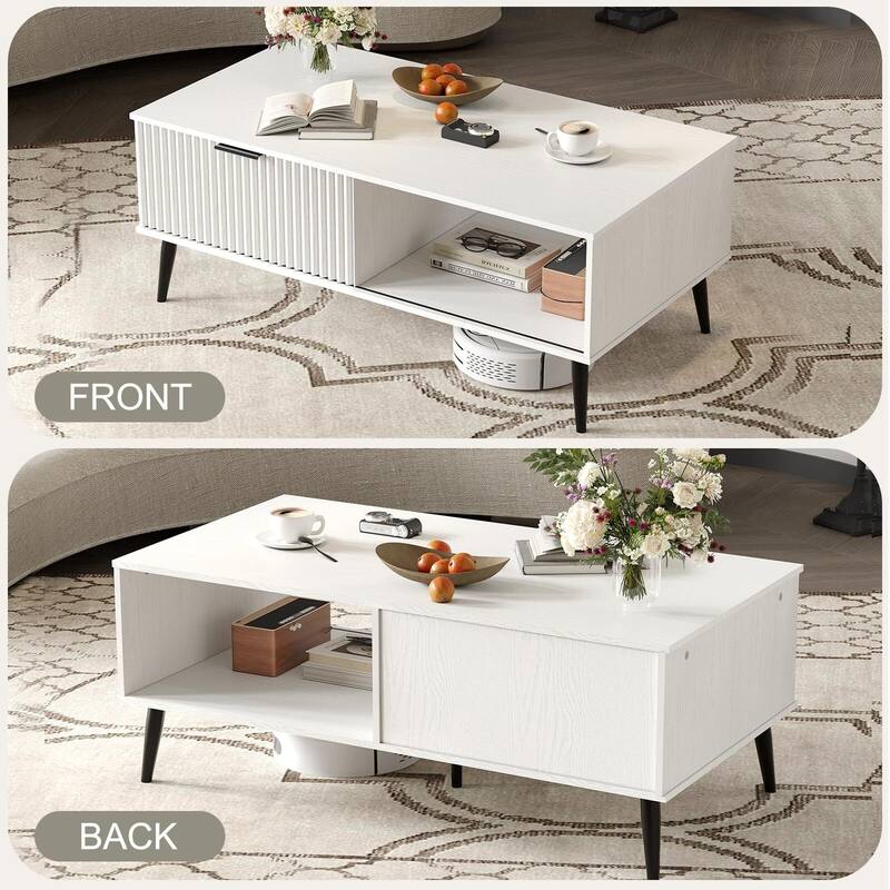 Coffee Table with Storage, 2-Tier Wooden Coffee Table with Sliding Door,
