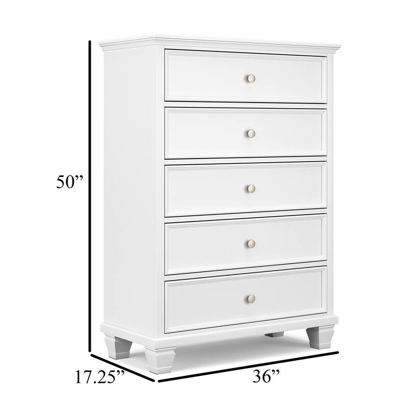 Heno Tall Dresser Chest, 5 Storage Drawers w Nickel Round Knobs, White