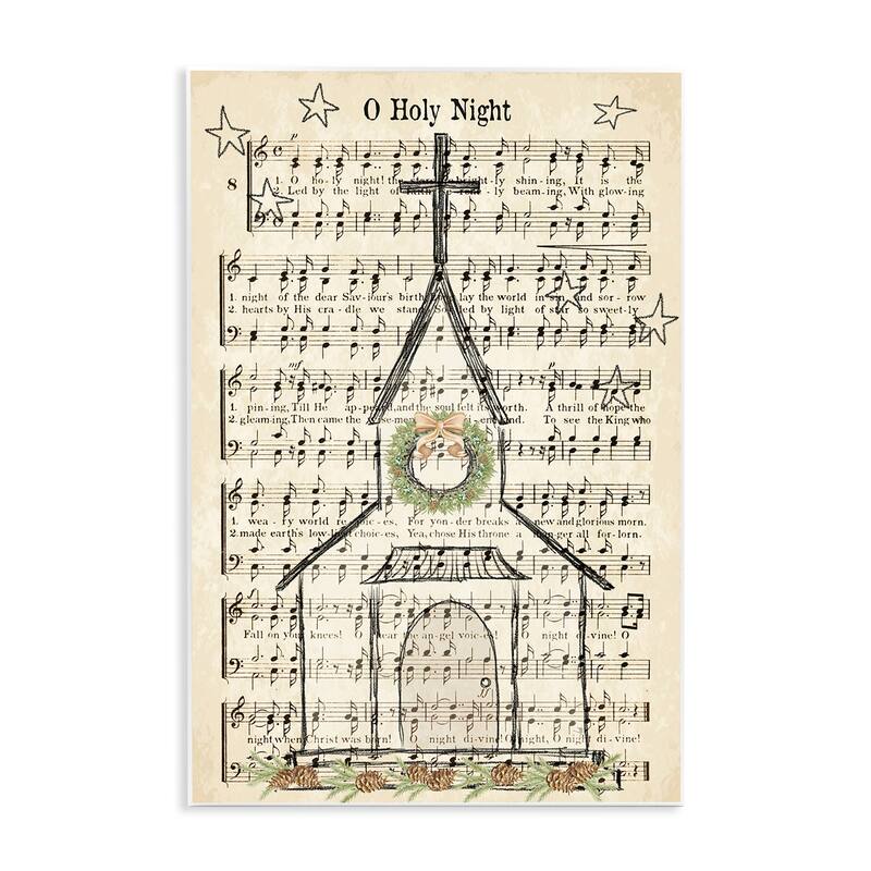 Stupell Festive Winter Church Holy Night Musical Script Wood Wall Art