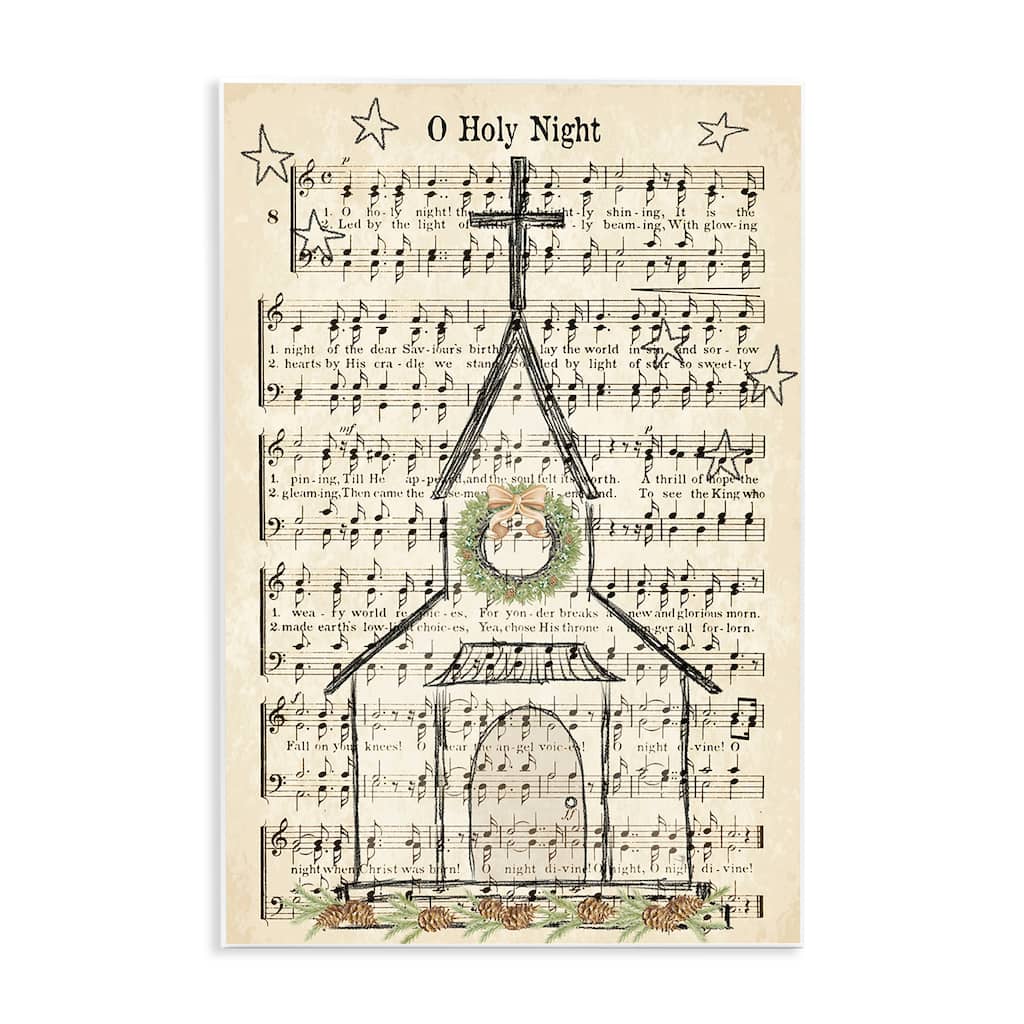 Stupell Festive Winter Church Holy Night Musical Script Wood Wall Art