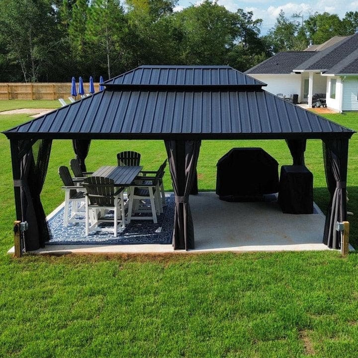 PURPLE LEAF Outdoor Galvanized Steel Hardtop Gazebo, Aluminum Frame Gazebo With Curtains
