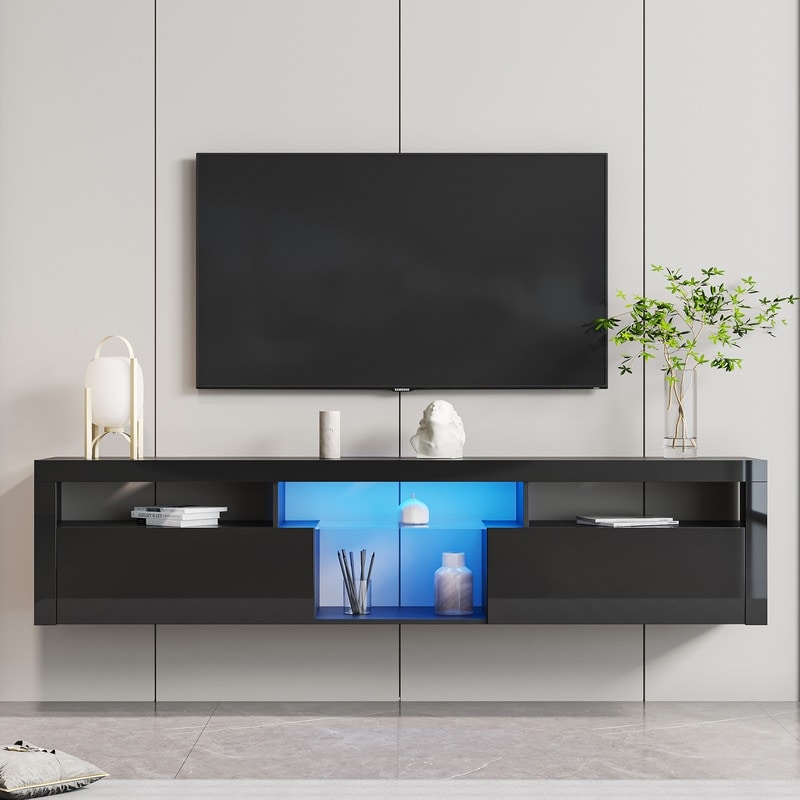 Floating TV stand wall mounted LED lights modern high gloss
