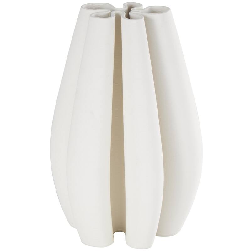 Ceramic Abstract Ribbed Dimensional Concaved Decorative Vase with Floral Shaped Rim - White - Roche River Decor - White - 7"W, 11"H