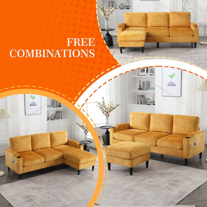 HOMEFUN Chenille Upholstered L-Shaped Living Room Sofa with Storage Ottoman