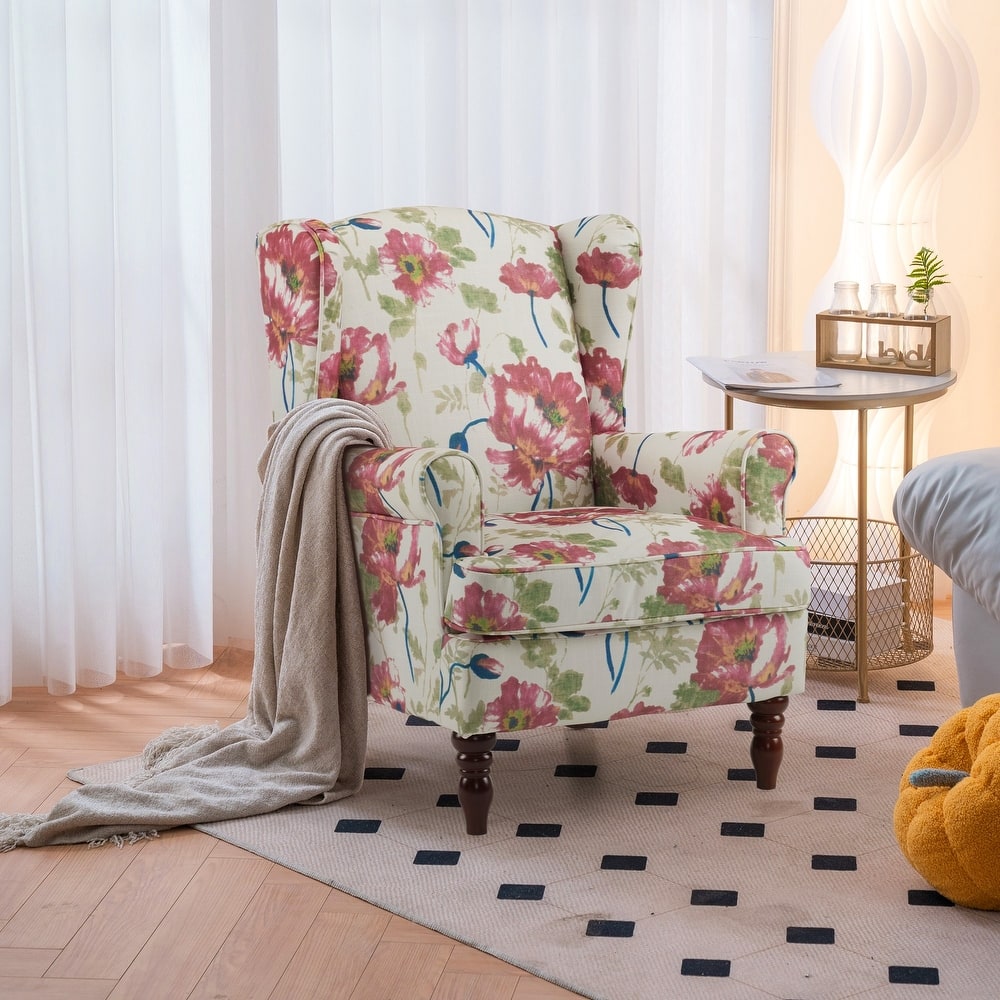 Erommy Wing back Arm Chair, Upholstered Fabric High Back Chair with Wood Legs