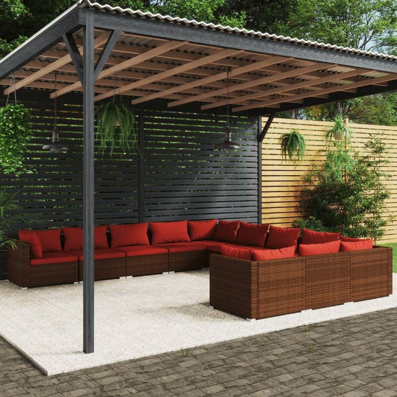 vidaXL Patio Lounge Set Outdoor Sectional Sofa Set Table Garden Poly Rattan - 27.6" x 27.6" x 23.8" - Brown/Cinnamon red 11 Piece