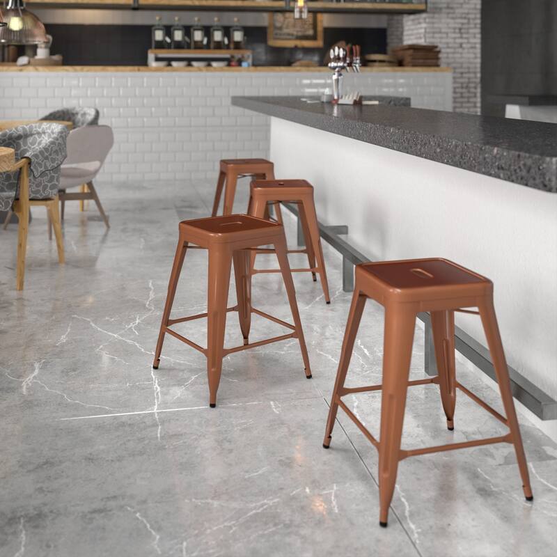 24" High Backless Metal Indoor-Outdoor Counter Height Stool w/Square Seat