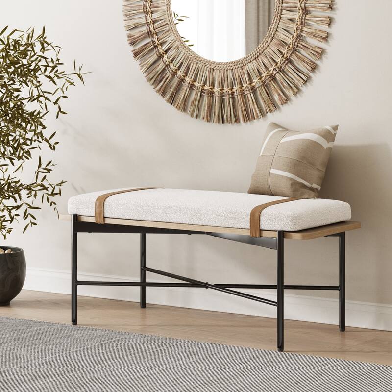 Thatcher Upholstered Entryway Bench with Removable Boucle Cushion, Vegan Leather Straps, Metal Legs - Boucle White/Black