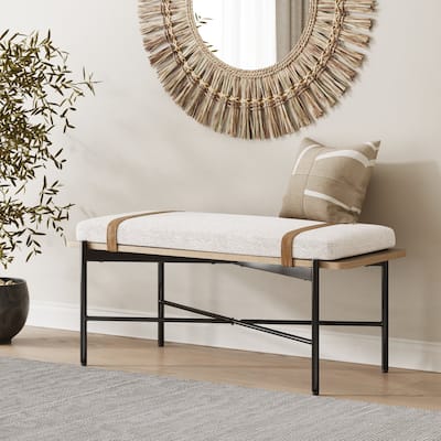 Thatcher Upholstered Entryway Bench with Removable Boucle Cushion, Vegan Leather Straps, Metal Legs