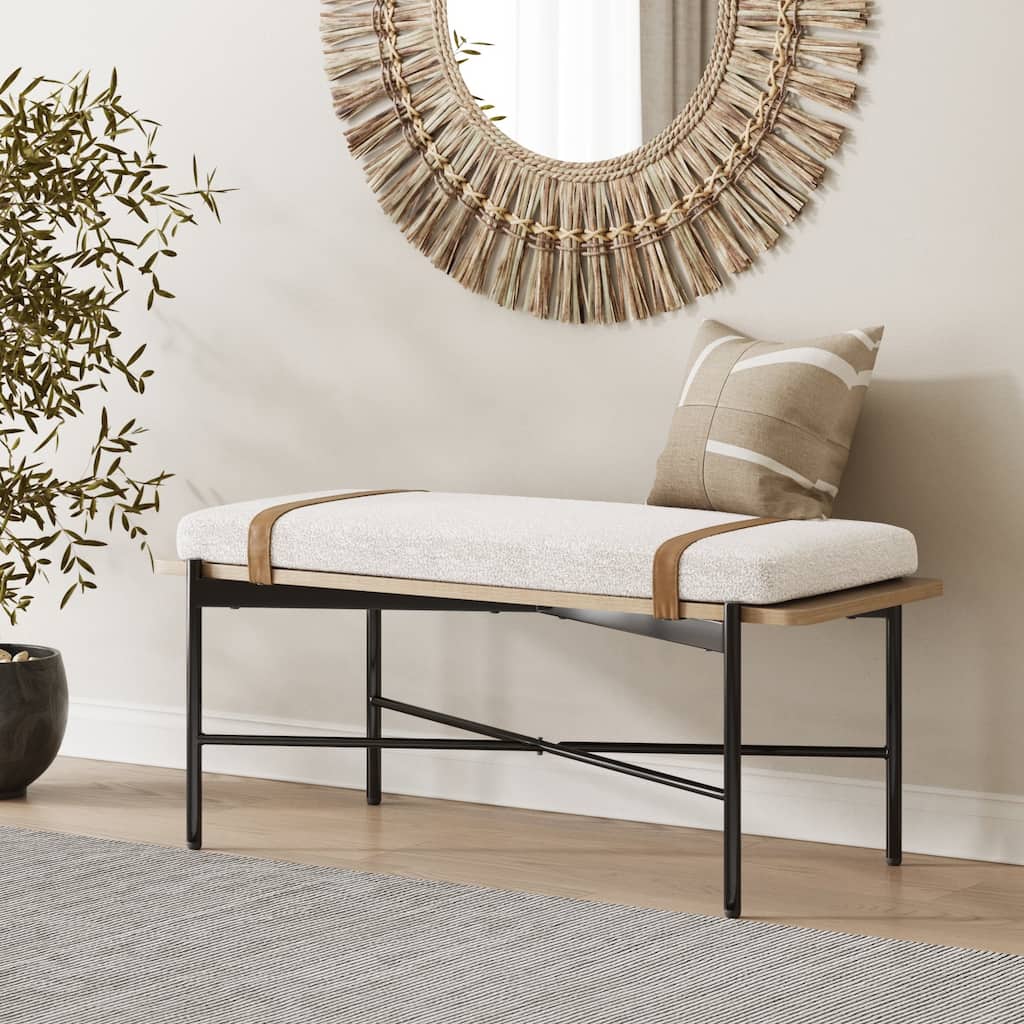Thatcher Upholstered Entryway Bench with Removable Boucle Cushion, Vegan Leather Straps, Metal Legs