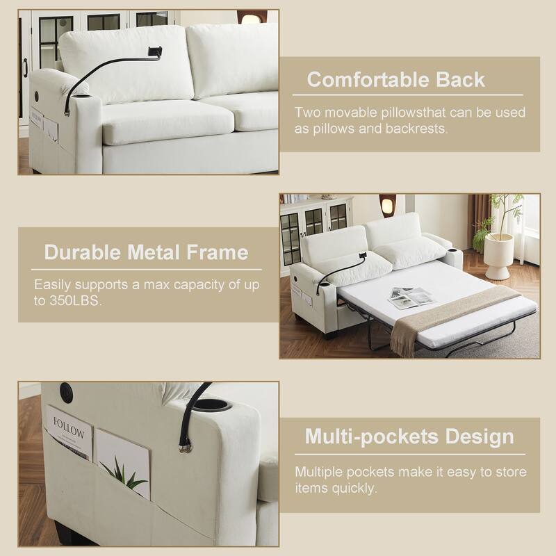 Pull-Out Queen Sofa Bed 73.63" with Memory Foam Mattress, Cup Holders, USB Ports, and Storage Pockets for Small Spaces