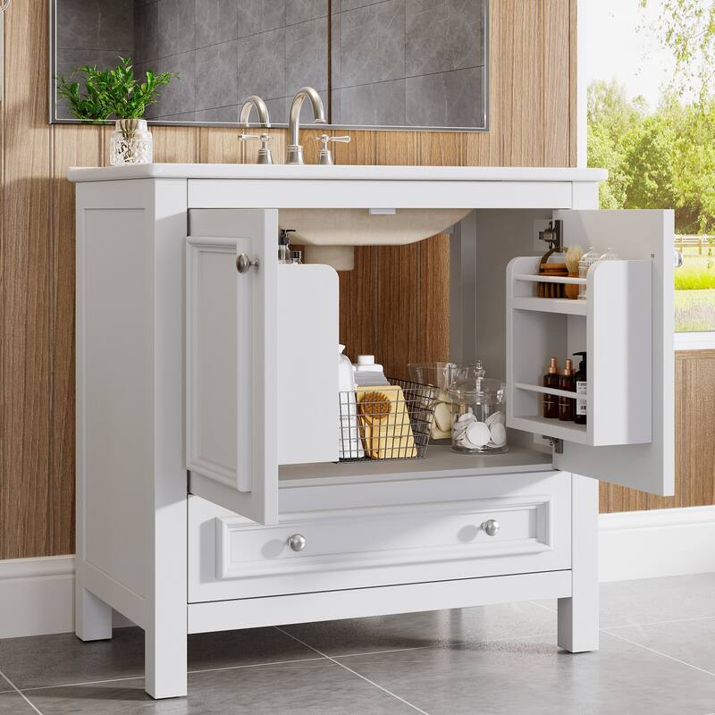 30 Inches Modern Bathroom Vanity Cabinet with Ceramic Basin & 1 Drawer