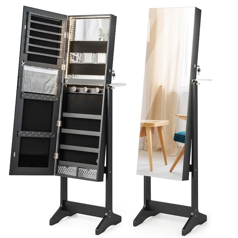 Gymax Standing Jewelry Cabinet Full Length Mirror Lockable w/ 3-Color