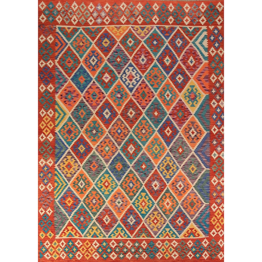 Geometric Kilim Reversible Area Rug Flatweave Orange Wool Carpet - 8'0"x 11'2"