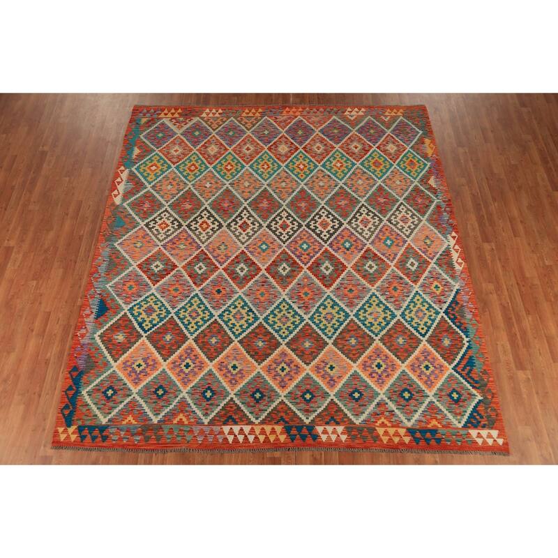 All-Over Trellis Kilim Oriental Area Rug Flatweave Wool Carpet - 8'11" x 9'11"